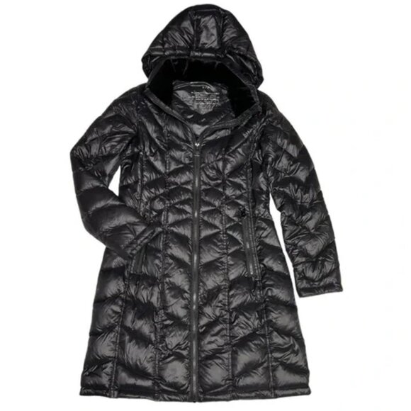 Andrew Marc packable down filled long hooded puffer jacket black women's size S - Picture 2 of 6